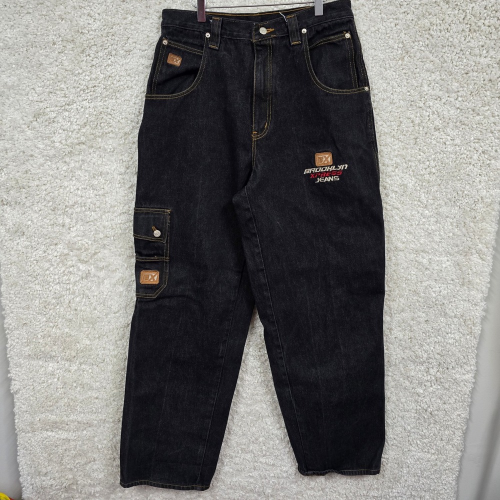 Brooklyn Xpress Cargo Jeans Mens 34 (fits 30x33) Black Baggy‎ Streetwear Y2K